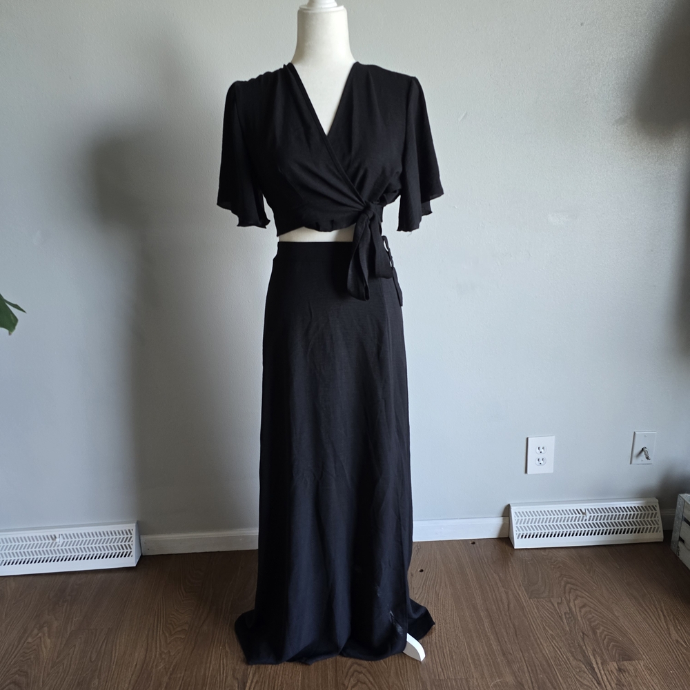 Black Skirt Set With Wrap Tie Top